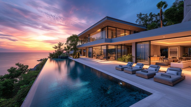 Modern house with a swimming pool, modern pool villa at the beach, luxury villa by the ocean at sunset.