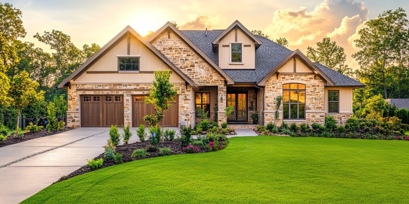 A nice home with grass and bushes.