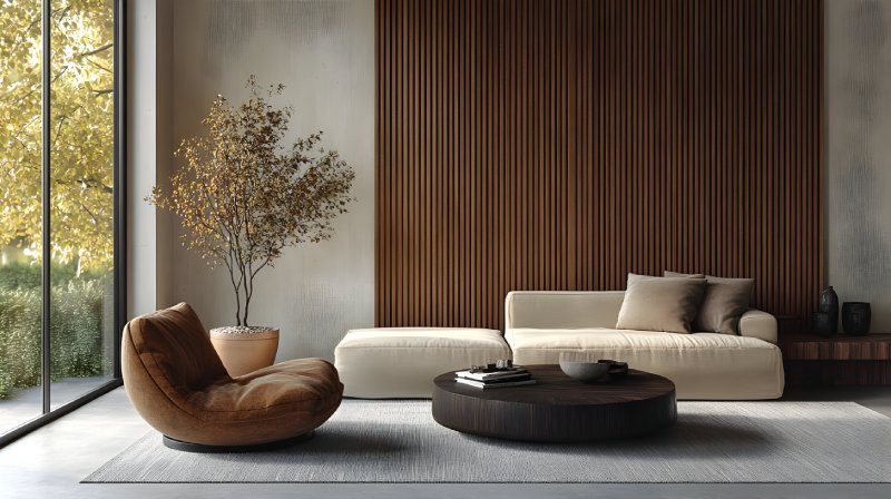 Modern Living Room Interior Design with Brown Leather Chair, Beige Sofa and Wooden Wall Panels - 3D Illustration.